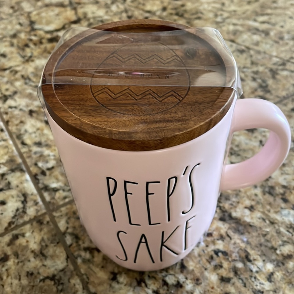 Peeps Sake Rae Dunn mug with wooden lid.